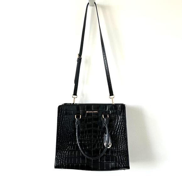 Michael Kors Black Croc Embossed Leather Dillon Tote Crossbody Shoulder Bag - Picture 6 of 15